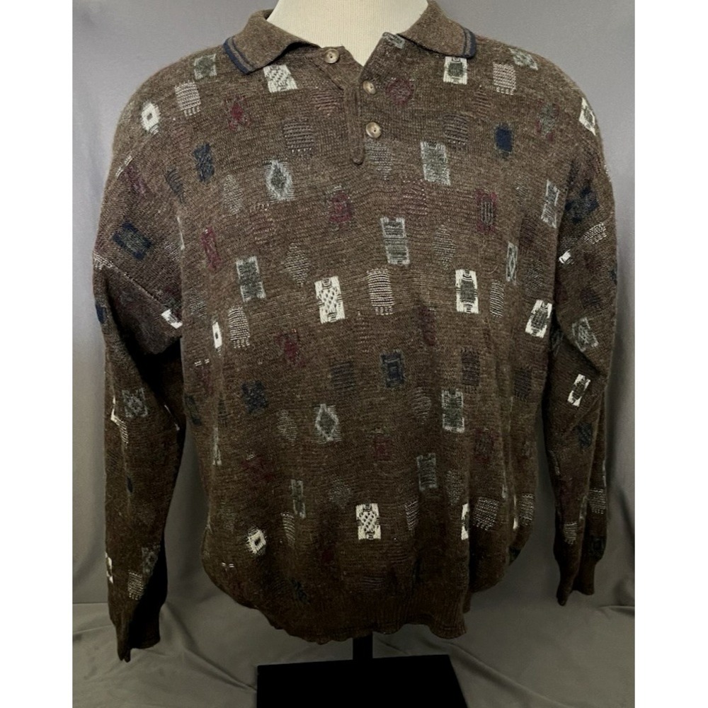 Vintage Conte Di Milano Brown Geometric Square Print Collared Mens Sweater Large